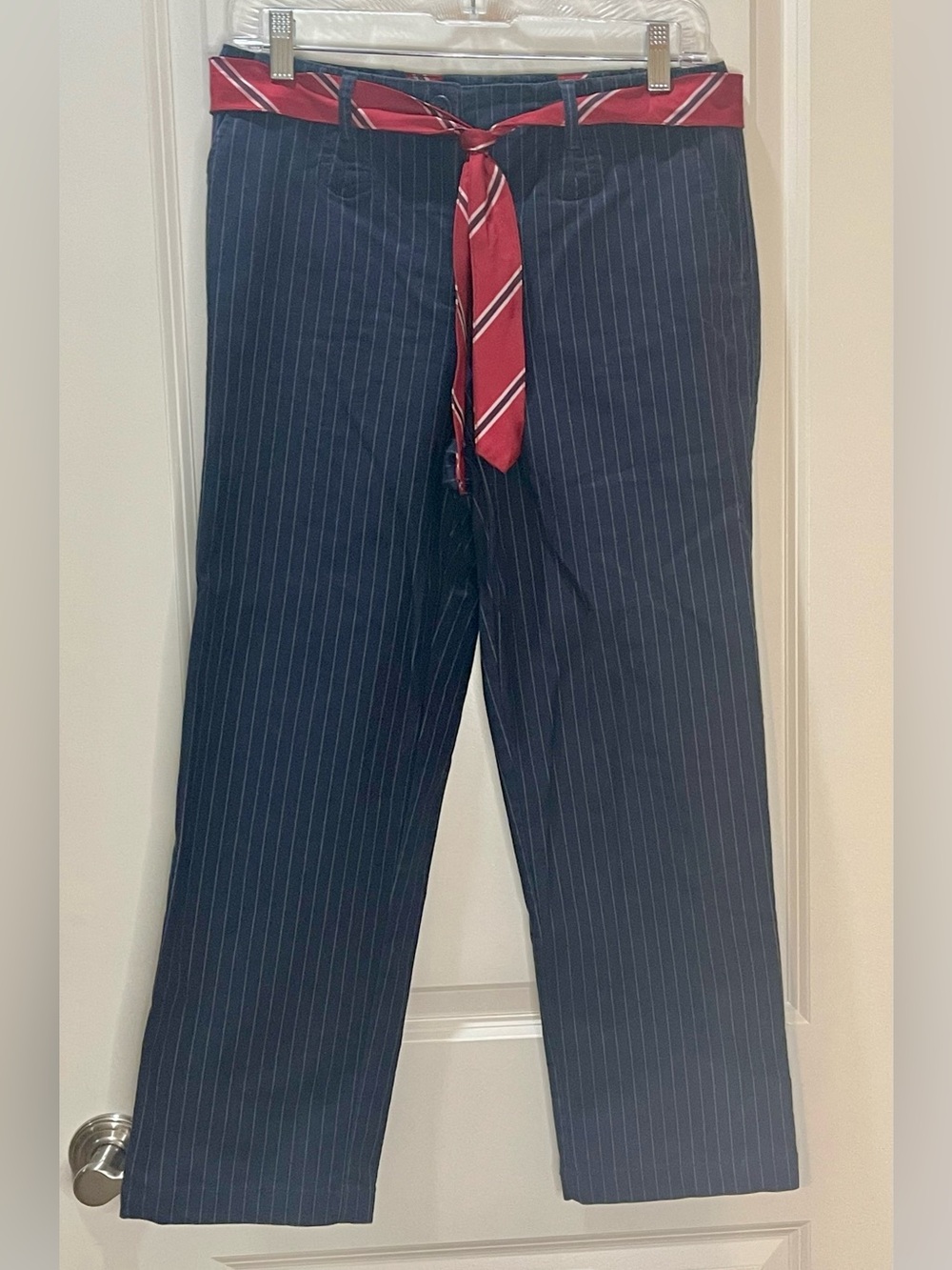 Talbots Navy Pinstripe Capri Pants with Red Tie Belt 4